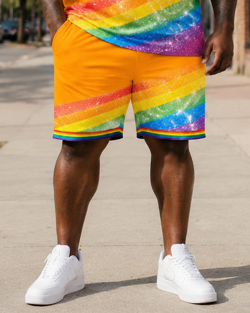 Big & Tall Men's Orange Rainbow We The People Slogan Print Round Neck Short Sleeve T-Shirt Shorts Set