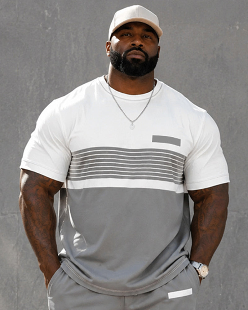 Big & Tall Men's Gray And White Horizontal Stripes Contrast Printed Crew Neck Short Sleeve T-shirt Shorts Set