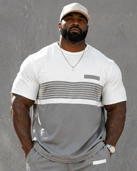 Big & Tall Men's Gray And White Horizontal Stripes Contrast Printed Crew Neck Short Sleeve T-shirt Shorts Set