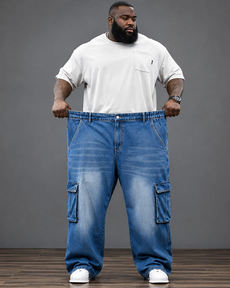 4XL-9XL Plus Size Men's Washed White Multi-Pocket Tooling Staggable Waist Denim Pants