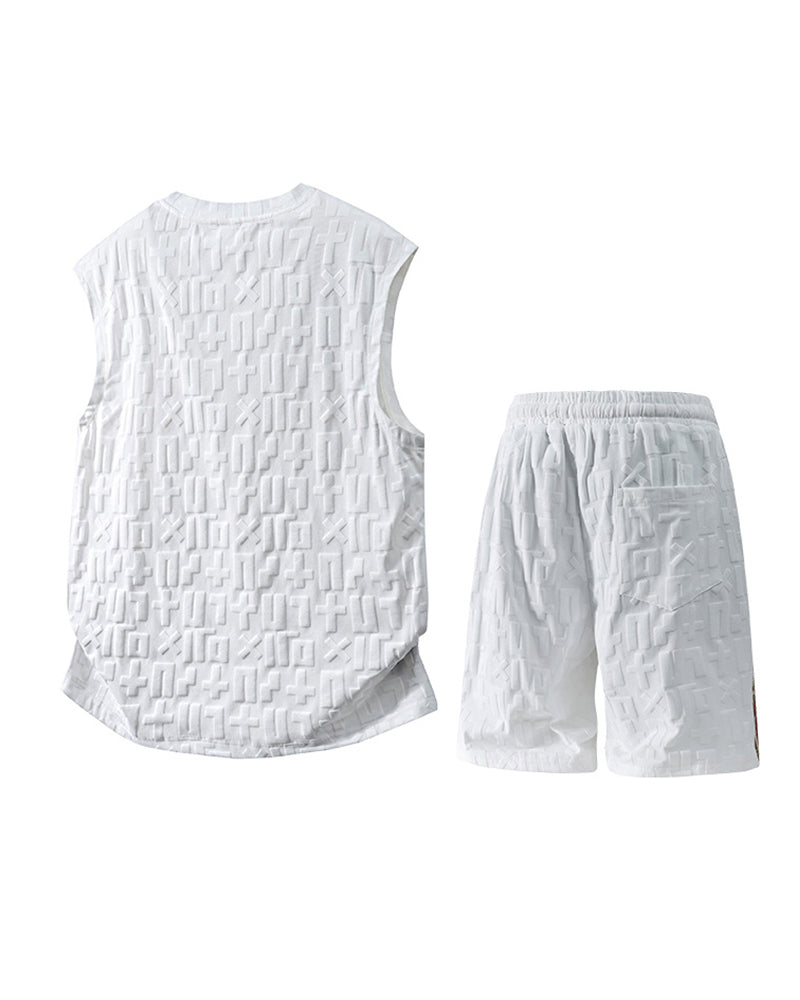 L-9XL Casual Sports Letters Jacquard Patchwork Plaid Vest Shorts Set