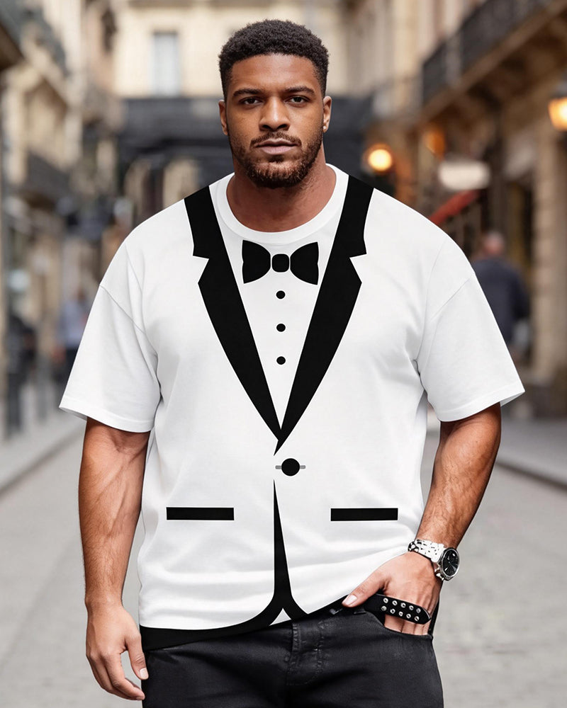 Big & Tall Men's Fun Fake Suit Bow Tie Printed Round Neck Short Sleeve T-Shirt