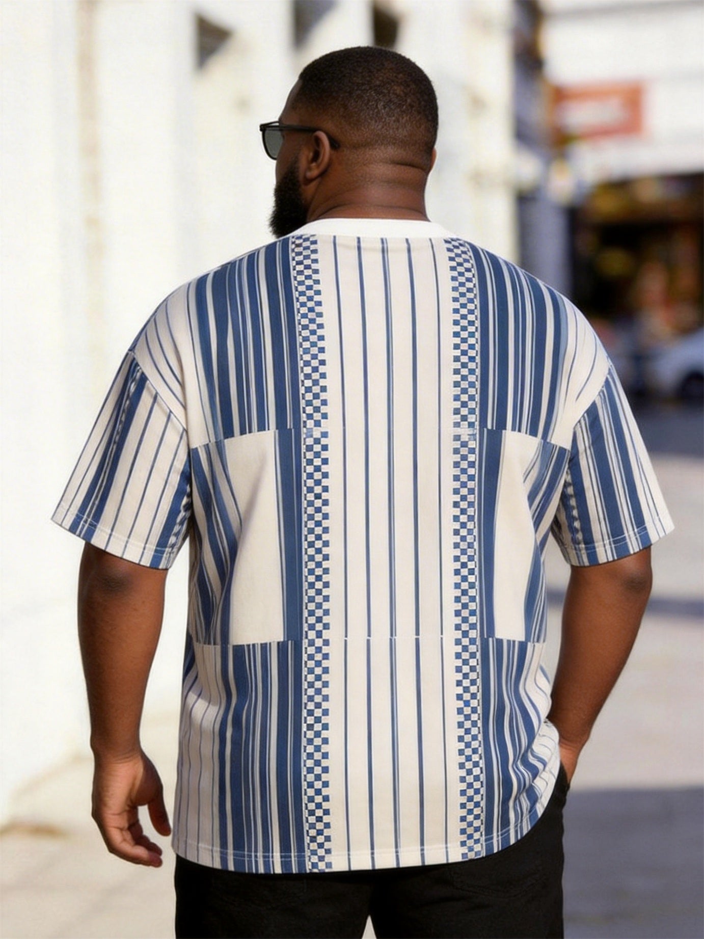 Big & Tall Men's Blue And White Striped Checkerboard Printed Henry Collar Button Short Sleeve T-shirt