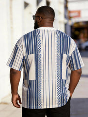 Big & Tall Men's Blue And White Striped Checkerboard Printed Henry Collar Button Short Sleeve T-shirt
