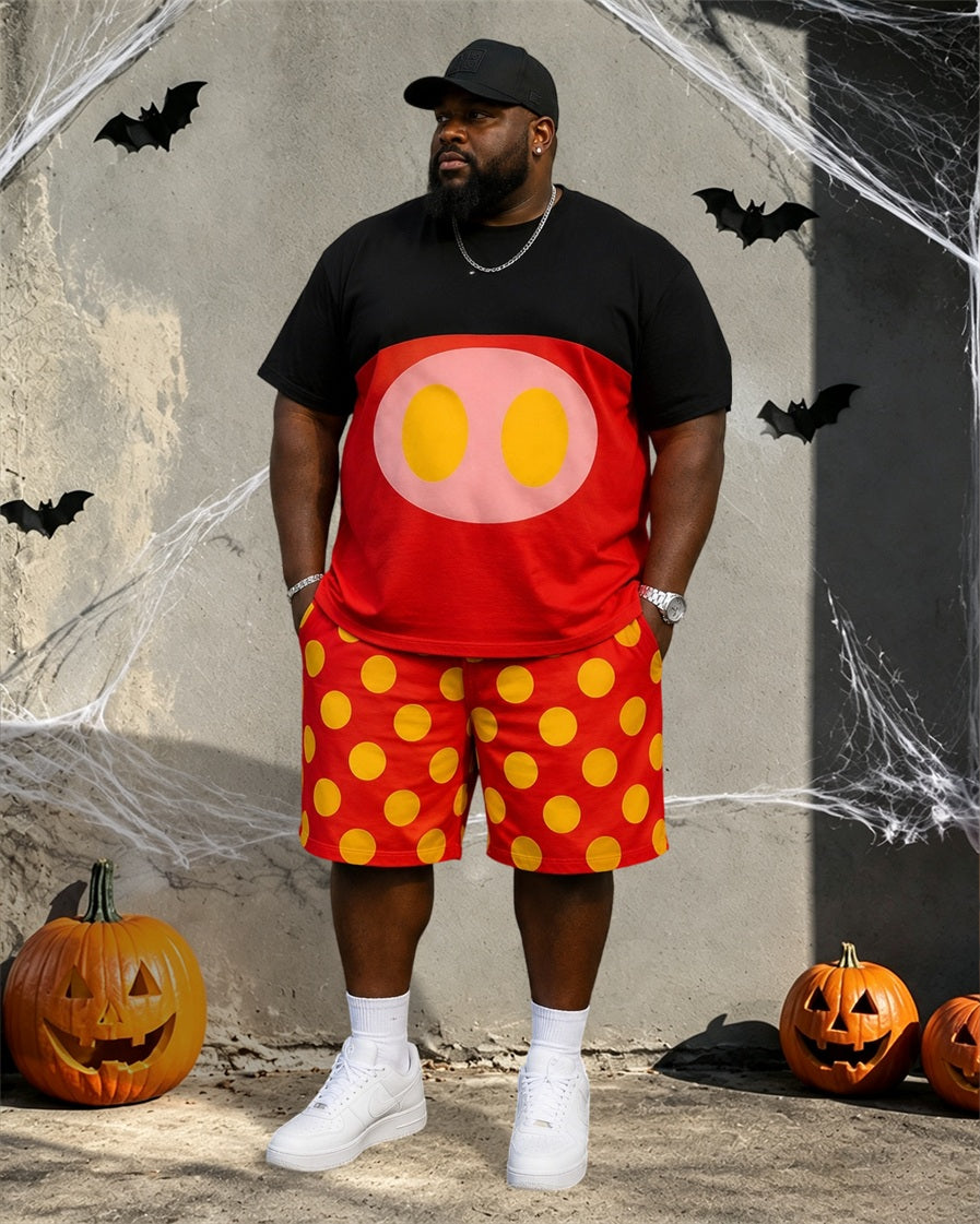 Big & Tall Men’s Black And Red Cartoon Big Round-Face Print Crew-Neck Short-Sleeve T-Shirt And Shorts Set