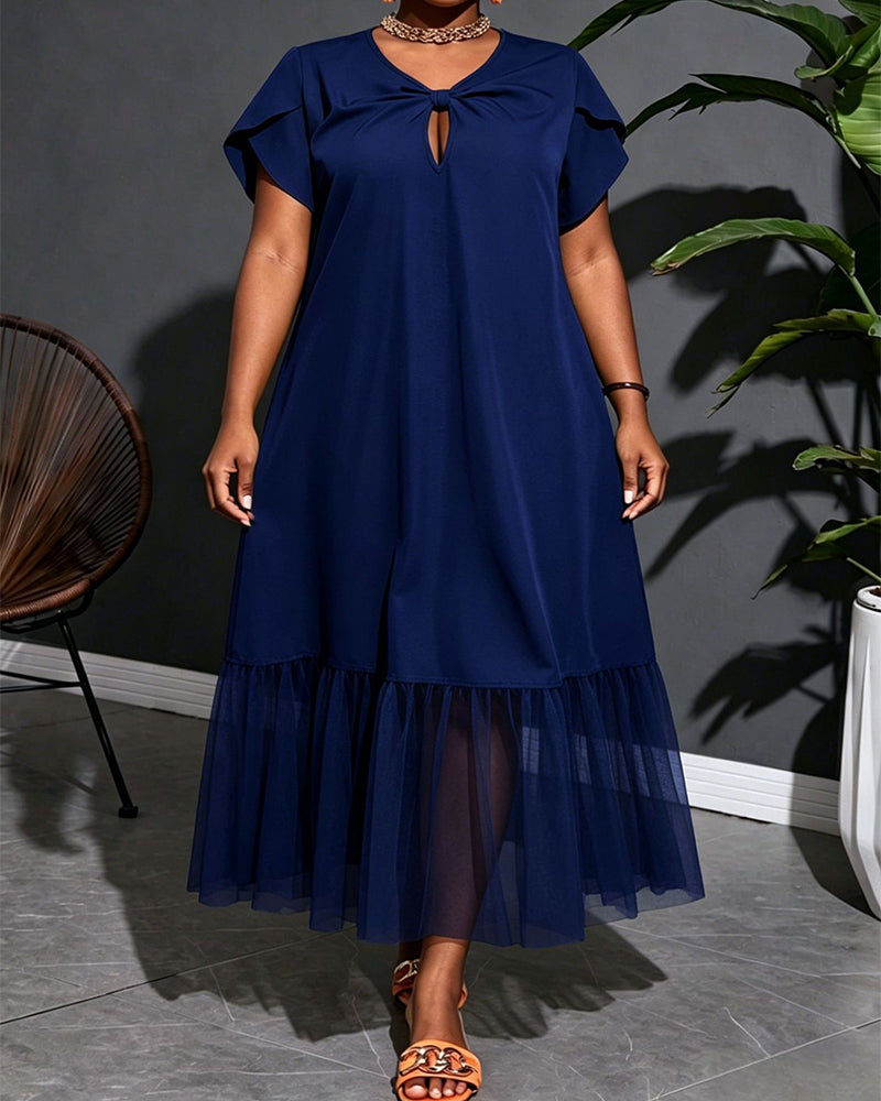 L-4XL Solid Color Design Mesh Stitching Midi Dress