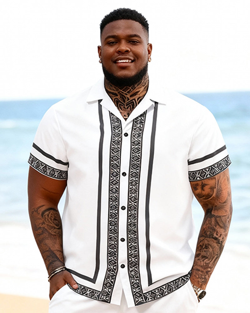 Big & Tall Men's Black And White Ethnic Style Trimmed Printed Short Sleeve Shirt And Shorts Set