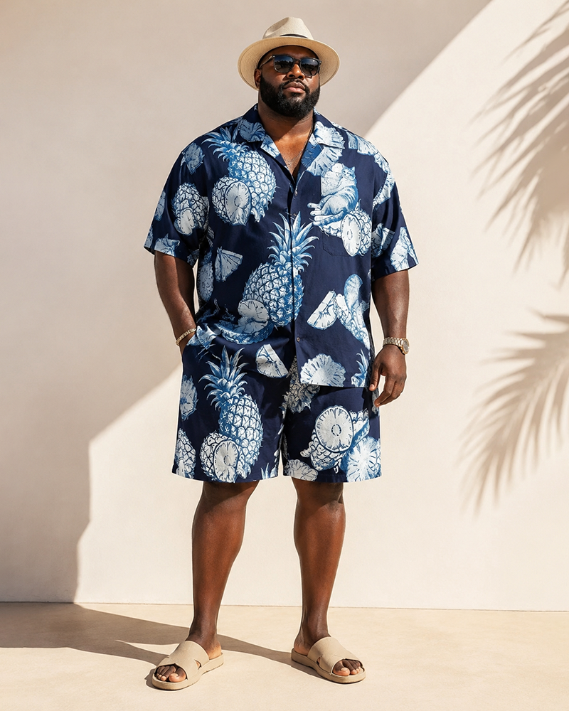 Big & Tall Men's Blues Pineapple Print Short Sleeve Shirt Shorts Set