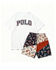 Big & Tall Men's Vintage Cashew Flower POLO Letter Printed Round Neck Short Sleeve T-Shirt Shorts Set
