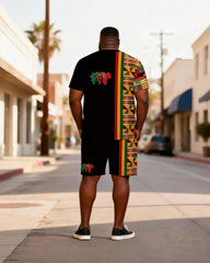 Big & Tall Men's African Kent Pattern Patchwork Printed Crewneck Short Sleeve T-Shirt Shorts Set