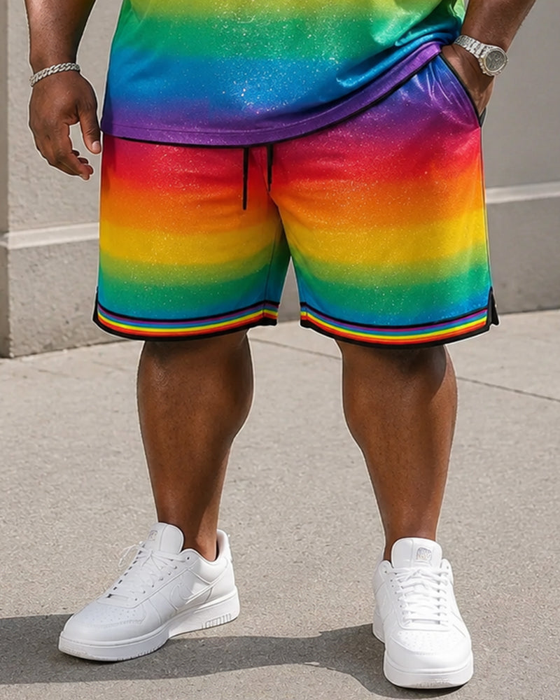 Big & Tall Men's Black Base Gradient Rainbow Love Wins Glitter Printed Round Neck Short Sleeve T-Shirt Shorts Set