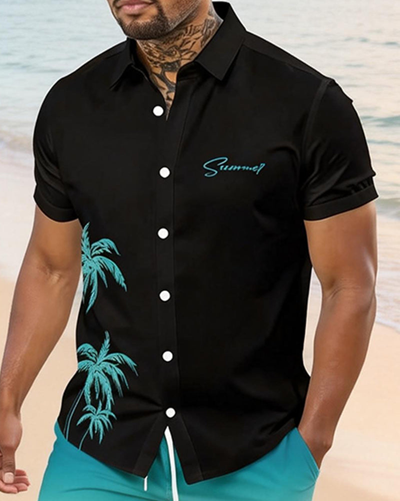 Big & Tall Men's Black Background Green Coconut Gradient Printed Short Sleeve Shirt Shorts Set