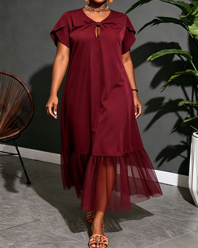 L-4XL Solid Color Design Mesh Stitching Midi Dress