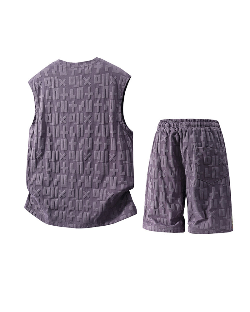 L-9XL Casual Sports Letters Jacquard Patchwork Plaid Vest Shorts Set