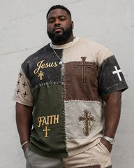 Big & Tall Men's Retro Distressed Stitching Cross JESUS FAITH Printed Crew Neck Short Sleeve T-shirt Shorts Set