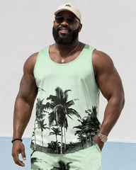 Big & Tall Men's Light Green Gradient Black Coconut Tree Print Vest Shorts Set