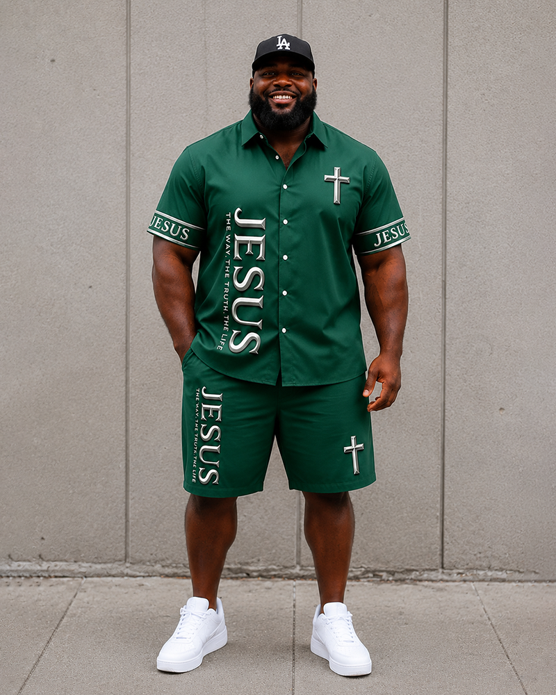 Big & Tall Men's JESUS Alphabet Cross Print Short Sleeve Shirt Shorts Set