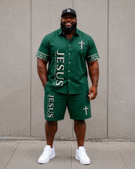 Big & Tall Men's JESUS Alphabet Cross Print Short Sleeve Shirt Shorts Set