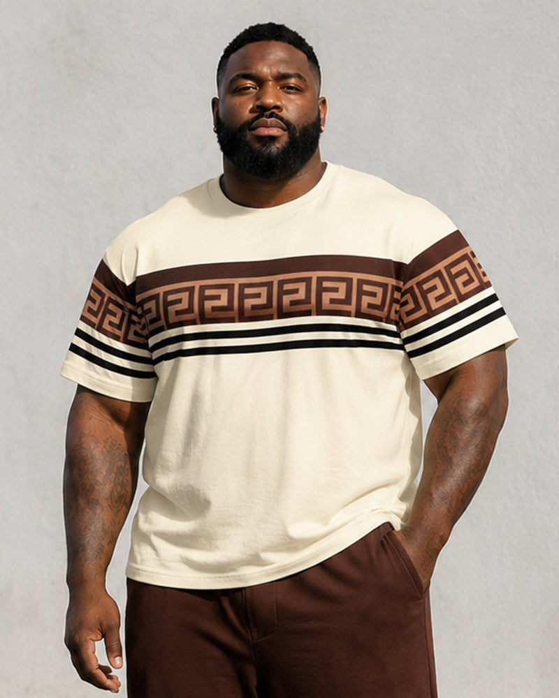 Big & Tall Men's Off-white Contrast Striped Printed T-shirt Trousers Set