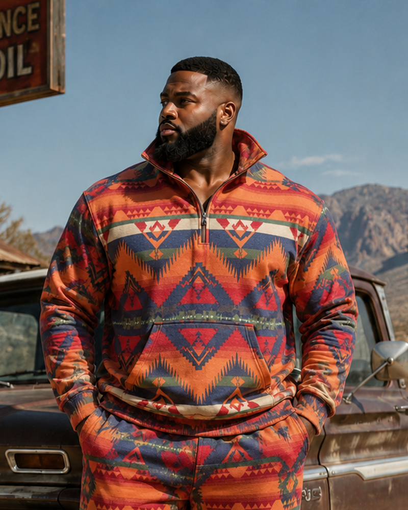 Big & Tall Men's Retro Western Style Diamond Totem Printed Half Zipper Sweater Set