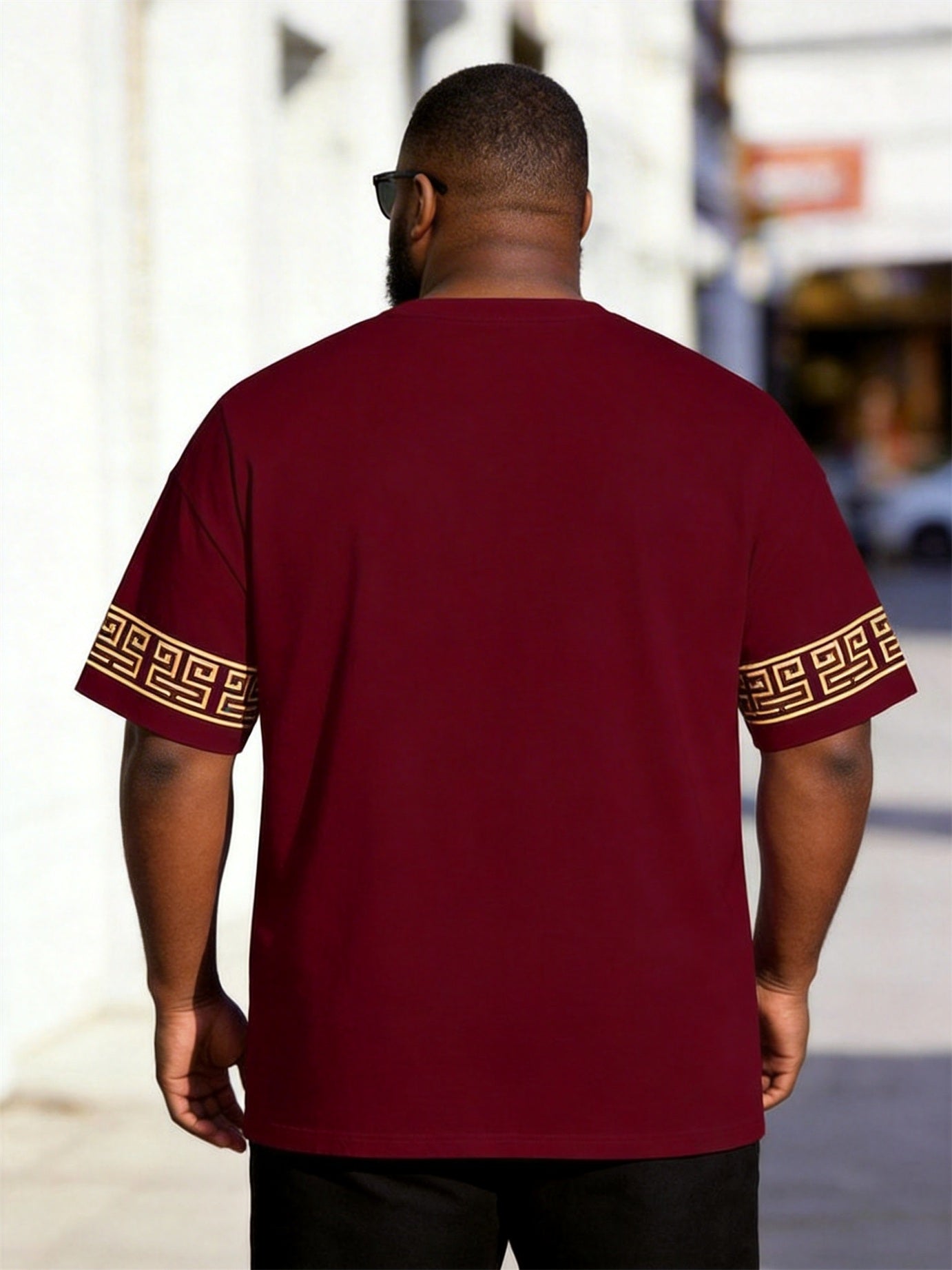 Big & Tall Men's Wine Red Lion Totem Ruffled Print Henry Collar Button Short Sleeve T-shirt