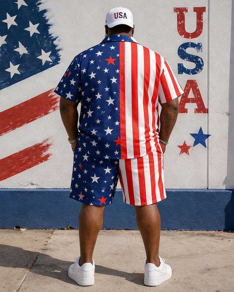 Big & Tall Men's Striped Five-pointed Star Contrast Printed Short Sleeve Shirt Shorts Set