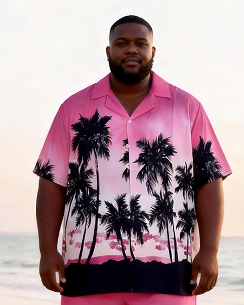 Big & Tall Men's Pink Black Gradient Coconut Printed Short Sleeve Shirt Shorts Set