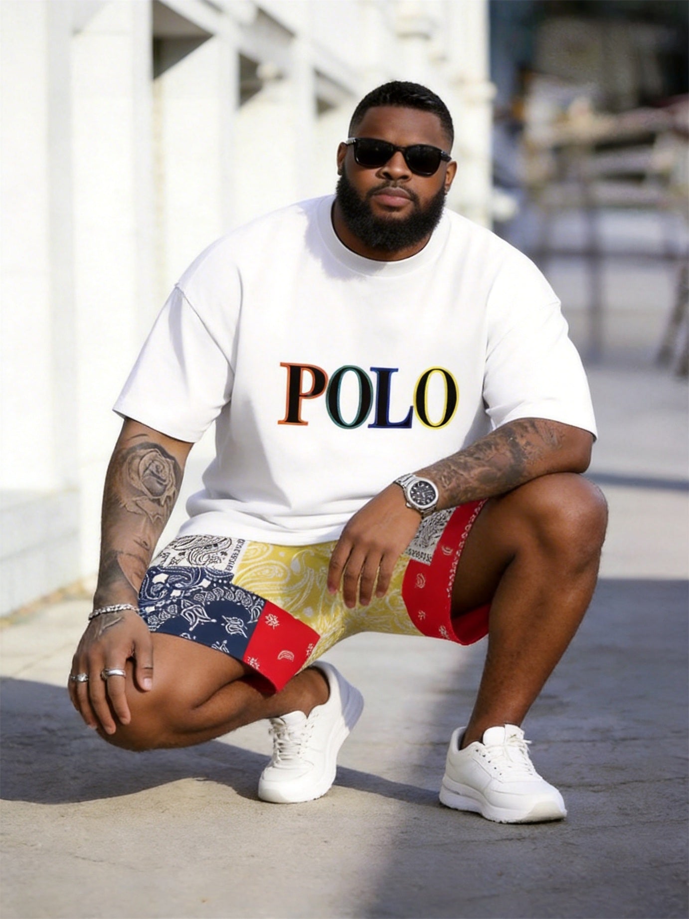 Big & Tall Men's Color Letters Cashew Flower Color-matching Printed Round Neck Short Sleeve T-Shirt Shorts Set