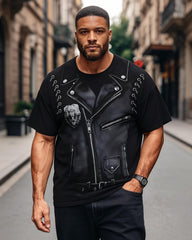 Big & Tall Men's Imitation Leather Biker Jacket Bear Head Printed Round Neck Short Sleeve T-Shirt