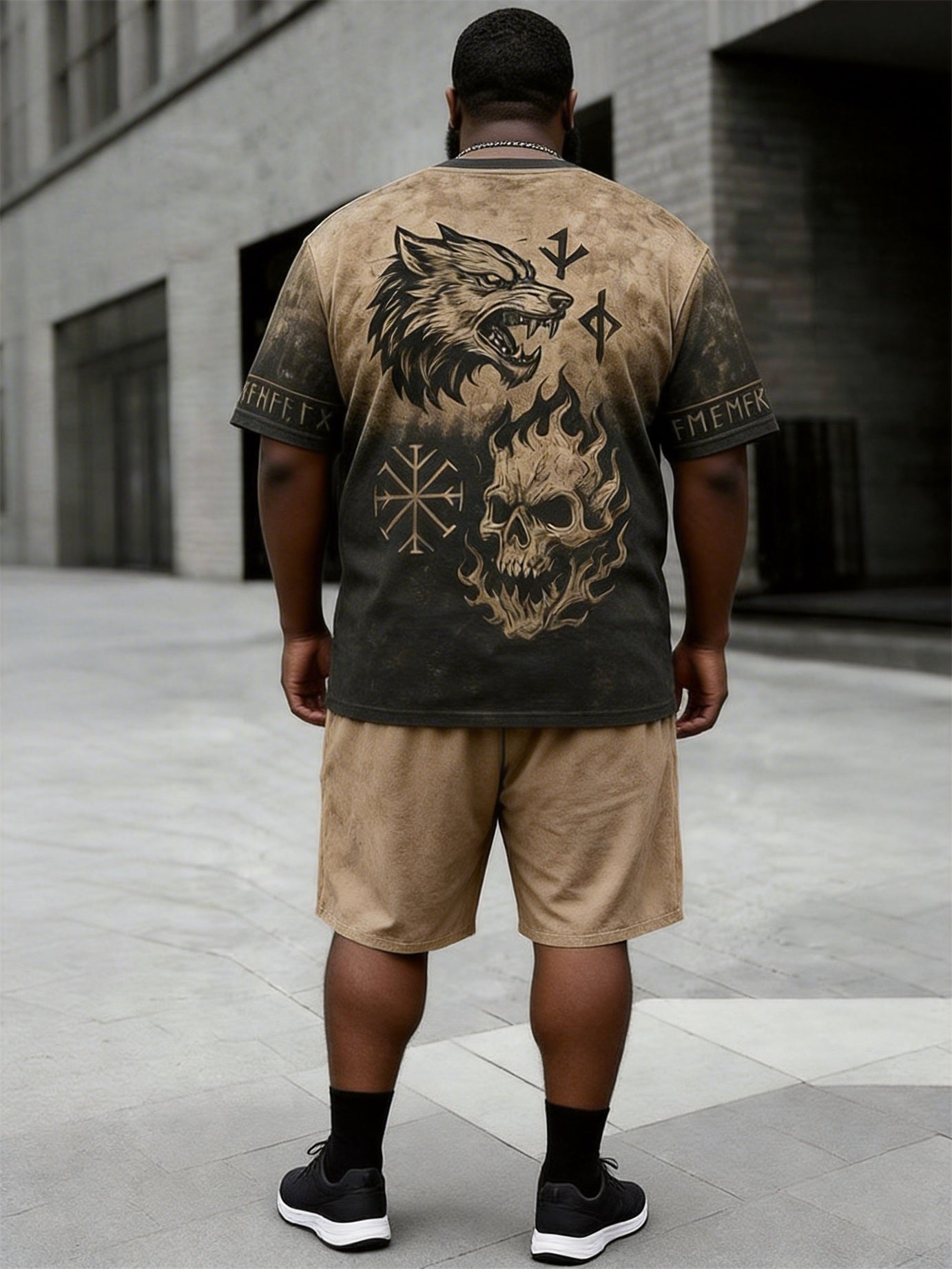 Big & Tall Men's Viking Wolf Head Flame Rune Printed Crewneck Short Sleeve T-Shirt Shorts Set