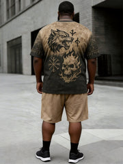 Big & Tall Men's Viking Wolf Head Flame Rune Printed Crewneck Short Sleeve T-Shirt Shorts Set