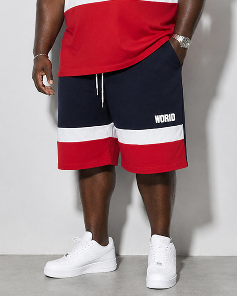 Big & Tall Men's Color Contrast WORID Alphabet Print Round Neck Short Sleeve T-Shirt Shorts Set