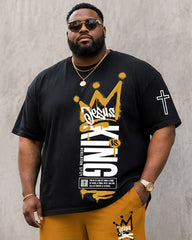 Big & Tall Men's Graffiti Crown Vertical Letter Cross Printed Round Neck Short Sleeve T-Shirt Shorts Set