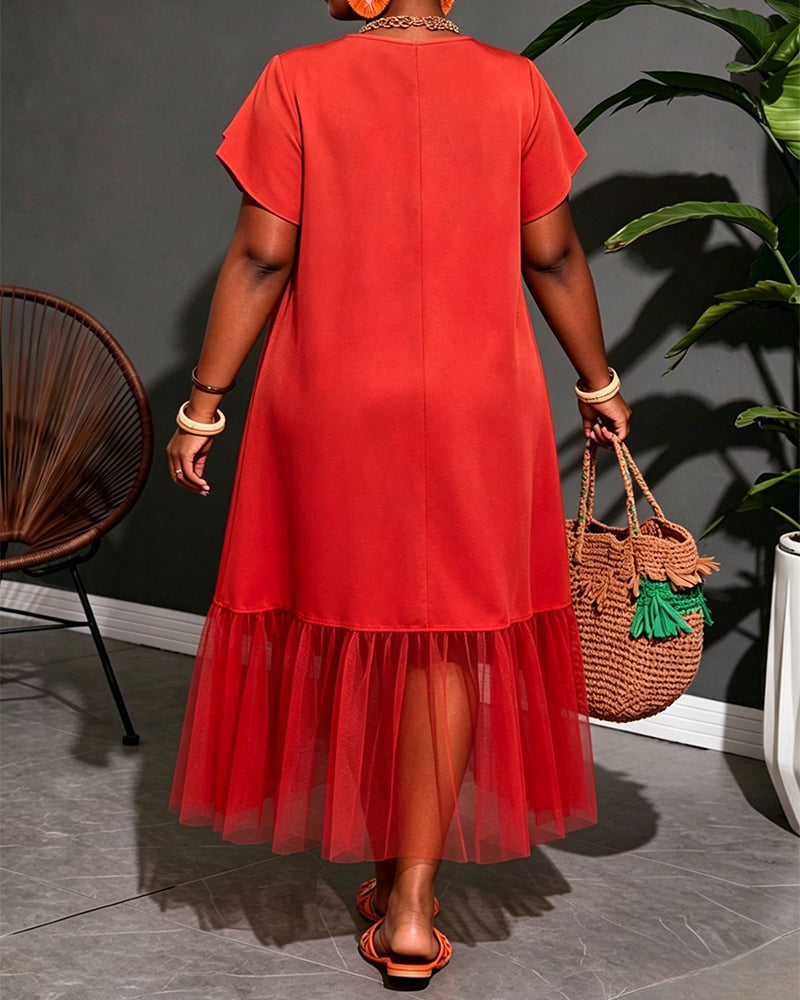 L-4XL Solid Color Design Mesh Stitching Midi Dress