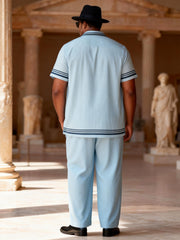 Big & Tall Men's Light Blue Contrast Striped Printed Short Sleeve Shirt Pants Set
