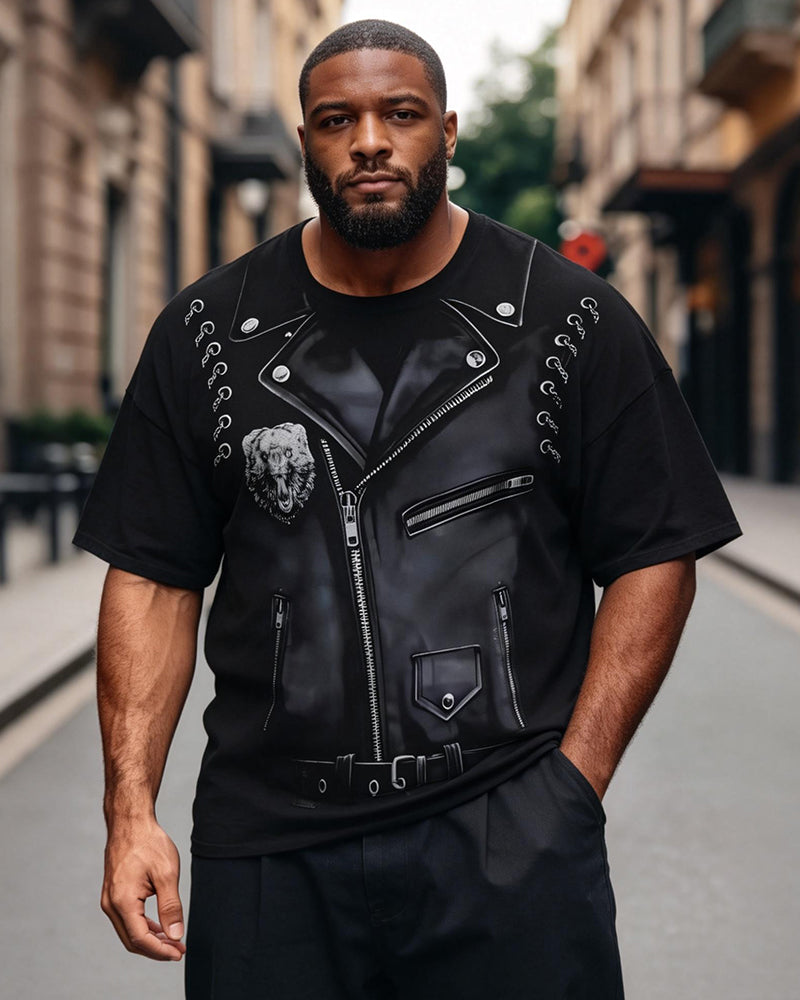 Big & Tall Men's Imitation Leather Biker Jacket Bear Head Printed Round Neck Short Sleeve T-Shirt