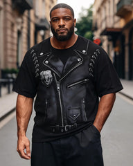 Big & Tall Men's Imitation Leather Biker Jacket Bear Head Printed Round Neck Short Sleeve T-Shirt