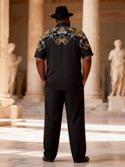 Big & Tall Men's Black And Gold Baroque Print Short Sleeve Shirt Pants Set