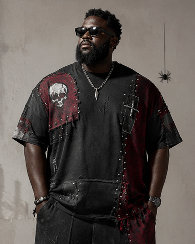 Big & Tall Men's Black And Red Stitching Rivet Skull Cross Printed T-Shirt Pants Set