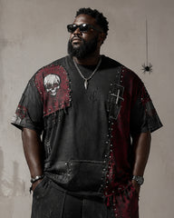 Big & Tall Men's Black And Red Stitching Rivet Skull Cross Printed T-Shirt Pants Set