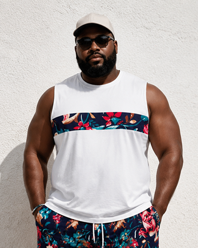 Big & Tall Men's Tropical Floral Patchwork Printed Vest Shorts Set
