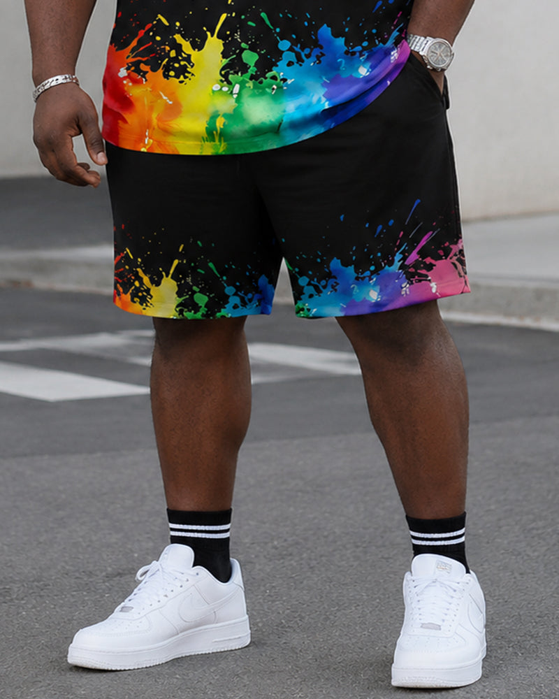 Big & Tall Men's Rainbow Splash Ink Heartbeat Dachshund Printed Round Neck Short Sleeve T-Shirt Shorts Set