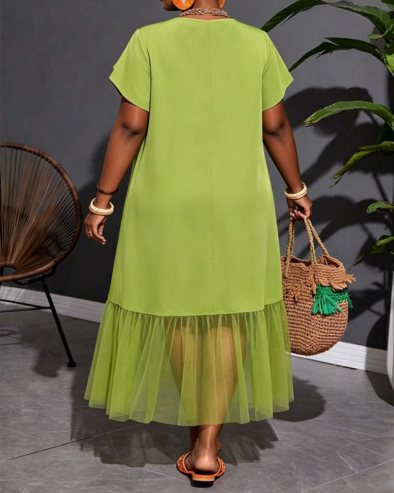 L-4XL Solid Color Design Mesh Stitching Midi Dress
