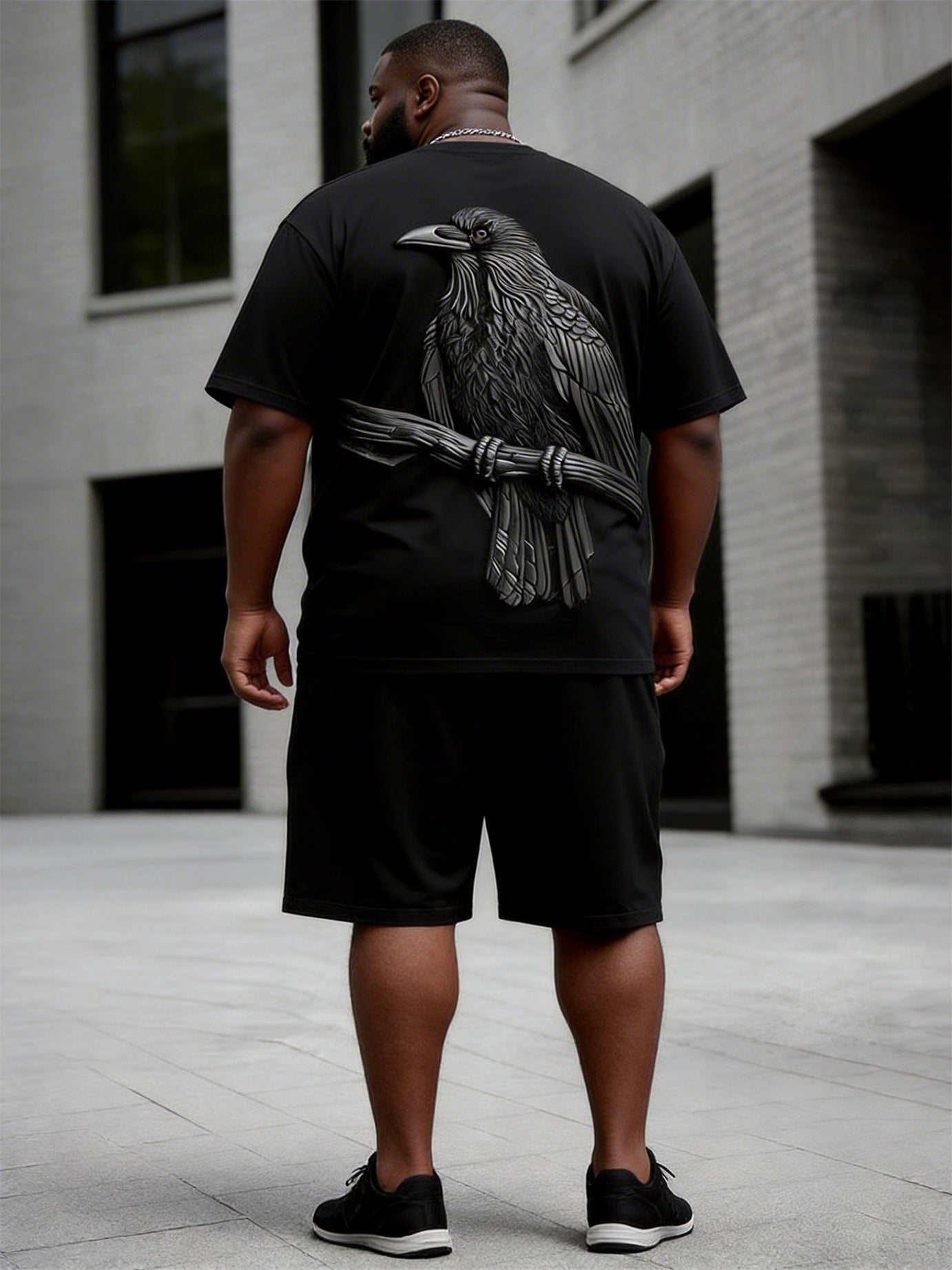 Big & Tall Men's3D Crow Embossed Print Round Neck Short Sleeve T-shirt Shorts Set