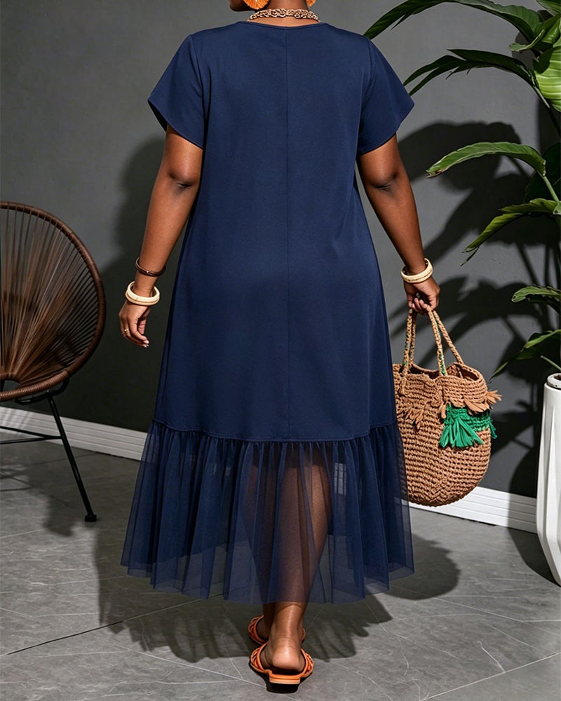 L-4XL Solid Color Design Mesh Stitching Midi Dress