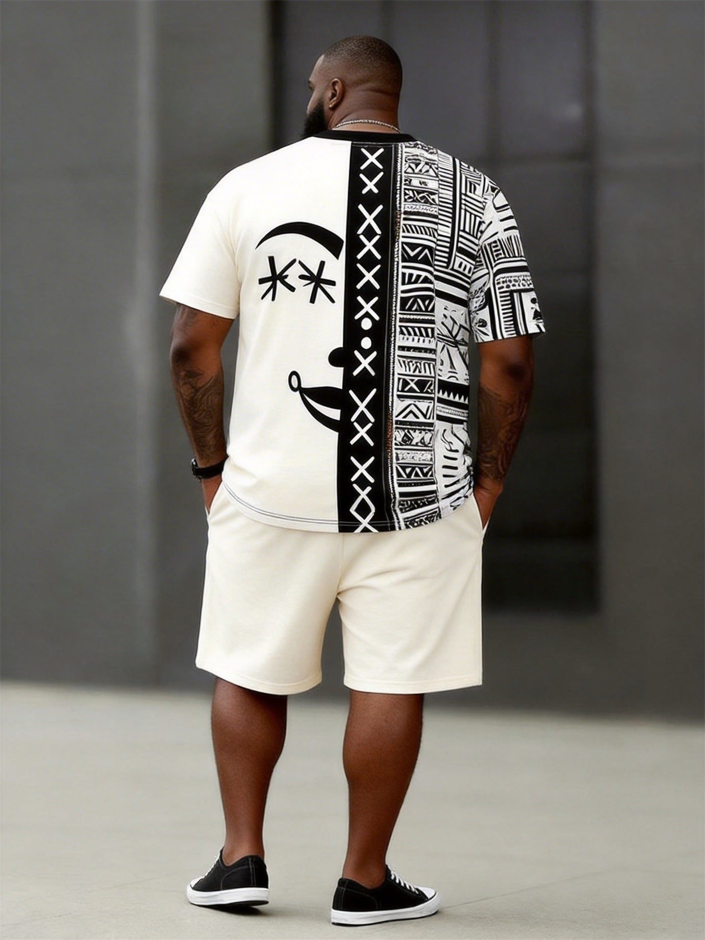 Big & Tall Men’s Patchwork Abstract Face Ethnic-Style Printed Crewneck Short-Sleeve T-Shirt And Shorts Set