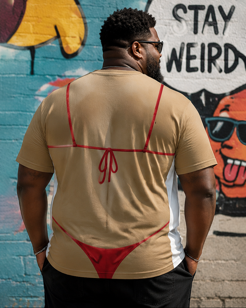 Big & Tall Men's Red Strap Bikini Tattoo 3D Fun Printed Round Neck Short Sleeve T-Shirt