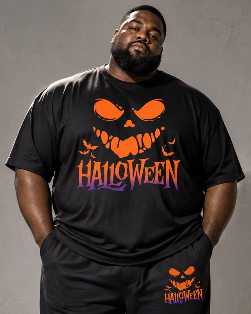 Big & Tall Men's Halloween Pumpkin Smiley Alphabet Print T-Shirt Pants Set