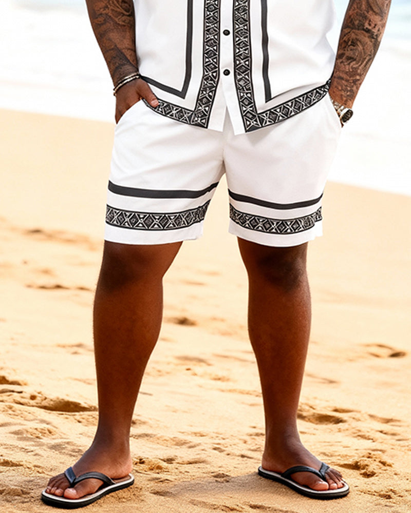 Big & Tall Men's Black And White Ethnic Style Trimmed Printed Short Sleeve Shirt And Shorts Set