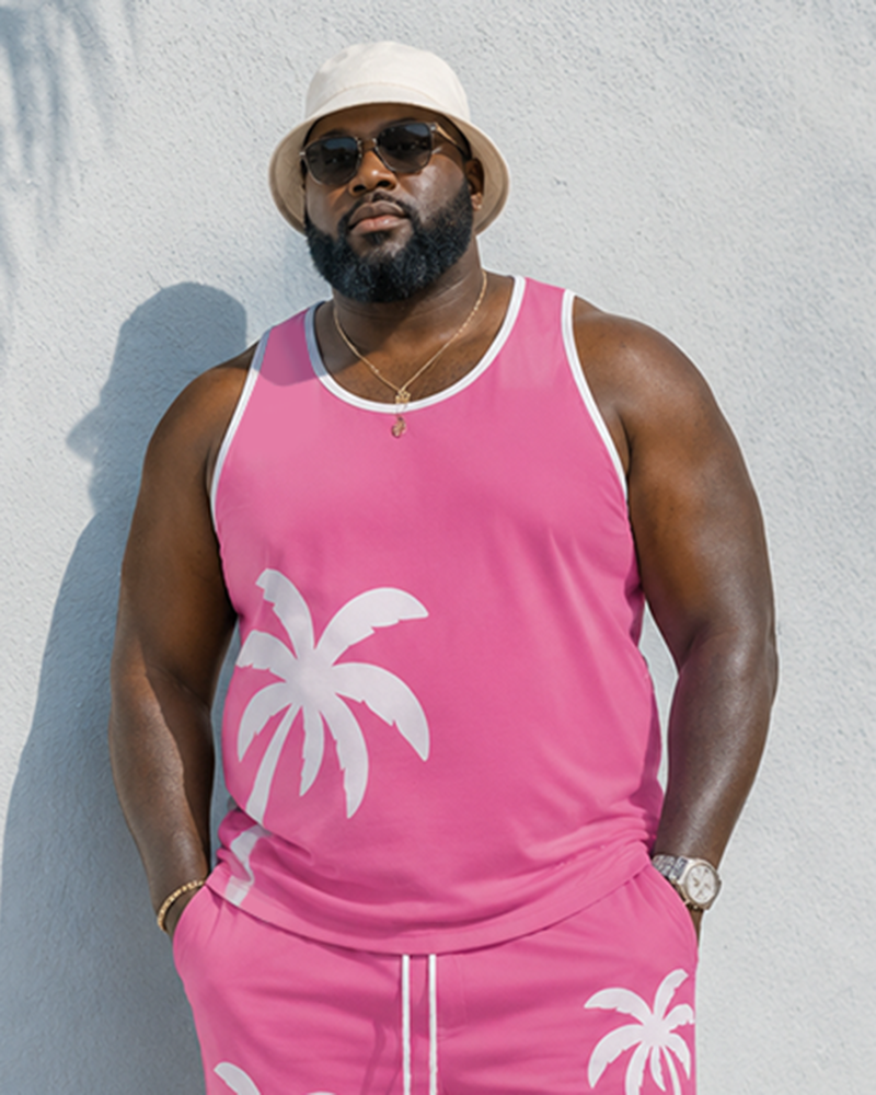 Big & Tall Men's Rose Pink White Edge Coconut Tree Print Vest Shorts Set